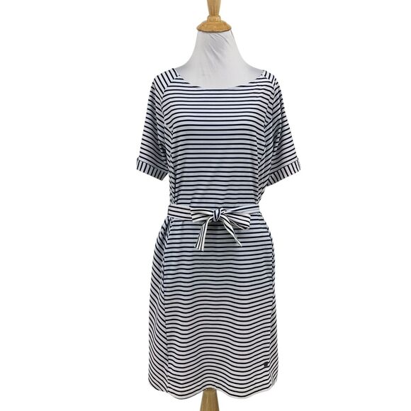 Helly Hansen Dress Womens S Small White Navy Striped Short Sleeve Tie Front Mini - Picture 1 of 12